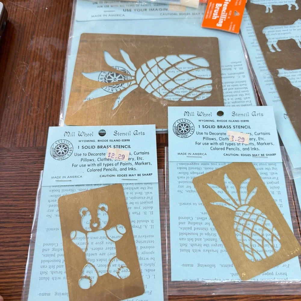 VTG Mill Wheel Solid Brass Stencil Lot Pineapple Rooster Farm Animals Brushes